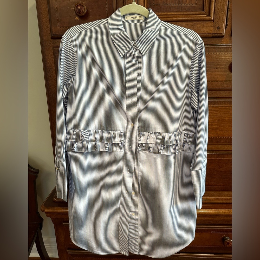 Mango Blue & White Striped Ruffle-Trim Button Down Shirt
